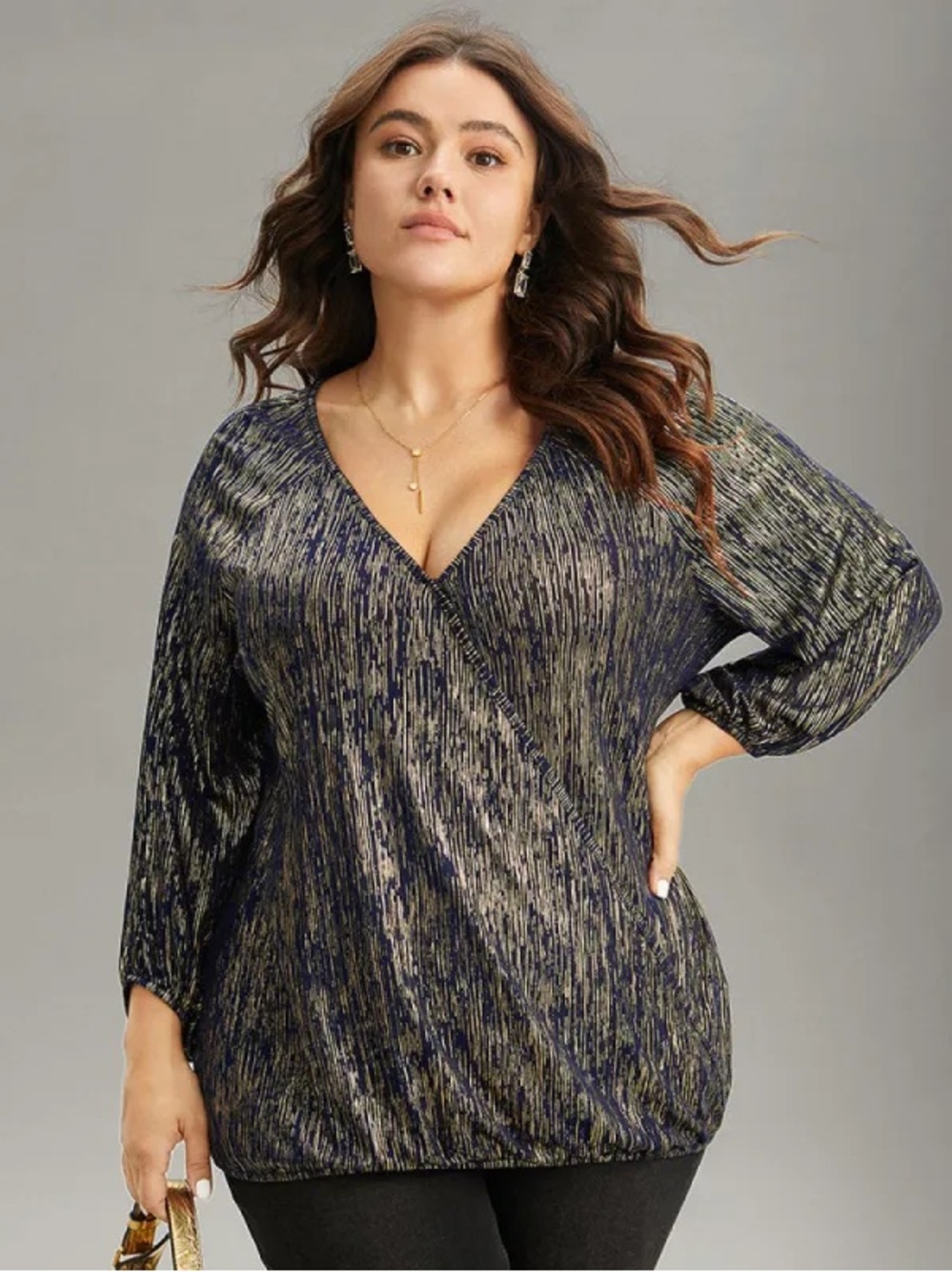 BloomChic Navy and Gold Metallic V-Neck Draped Blouse